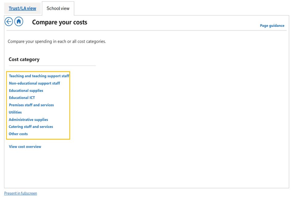 Image: Figure 2: ‘compare your costs’ page showing where to select a cost category