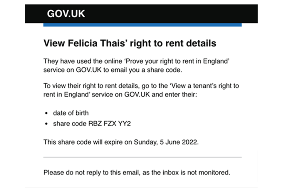 A screenshot of the Home Office online service. It shows that a person called Felicia Thais has used the service to provide a share code.