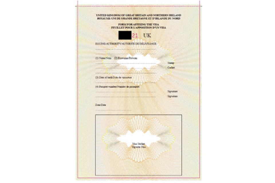 Example of a form for affixing the visa 
