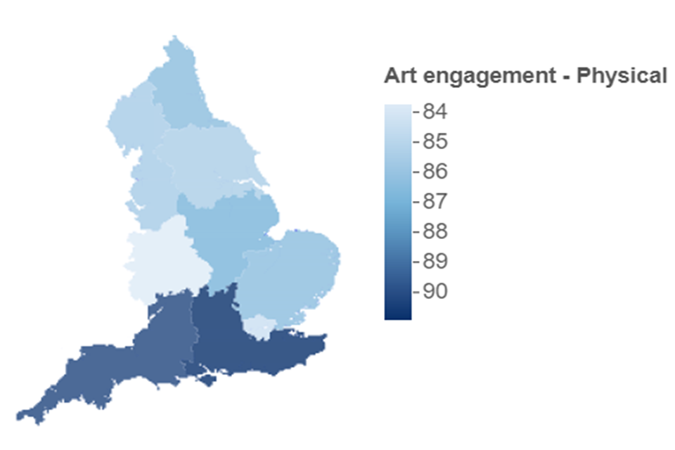 Map showing Physical arts engagement in the previous 12 months, broken down by region. The map is shaded from light to dark blue. The lightest blue region has the lowest engagement and the darkest blue has the highest.