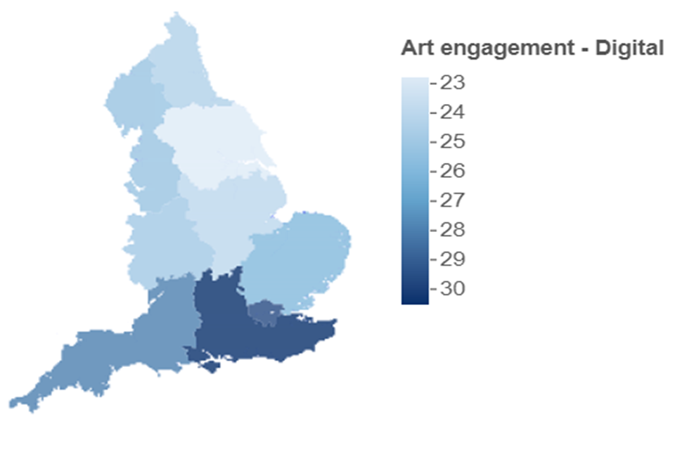 Map showing digital arts engagement in the previous 12 months, broken down by region. The map is shaded from light to dark blue. The lightest blue region has the lowest engagement and the darkest blue has the highest.