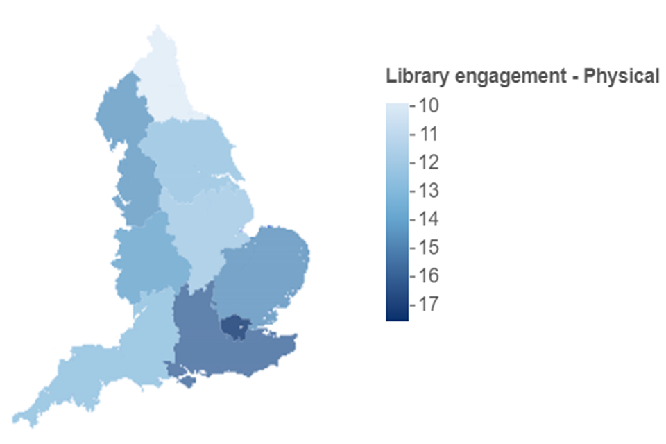Map showing physical library engagement by region. The map is shaded from light to dark blue. The lightest blue region has the lowest engagement percentage by respondents and the darkest blue has the highest.