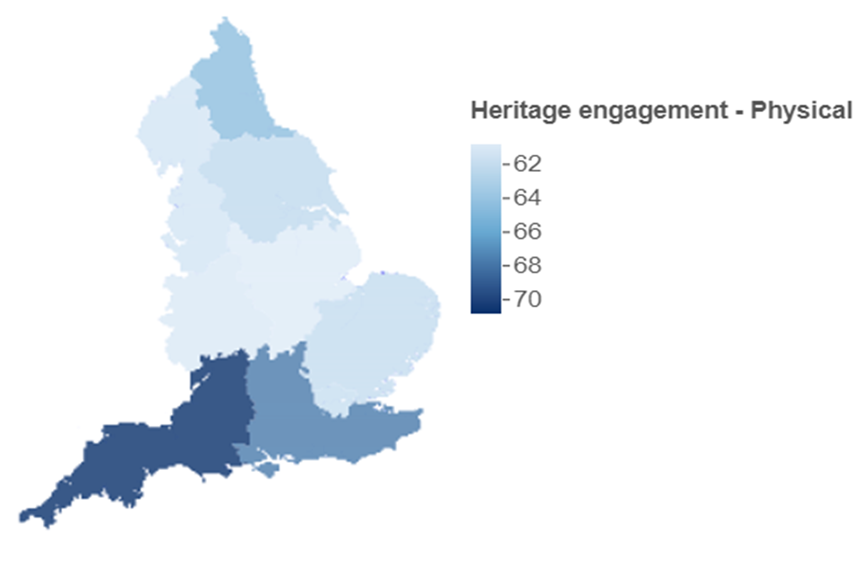Map showing physical heritage engagement by region. The map is shaded from light to dark blue. The lightest blue region has the lowest engagement percentage by respondents and the darkest blue has the highest.