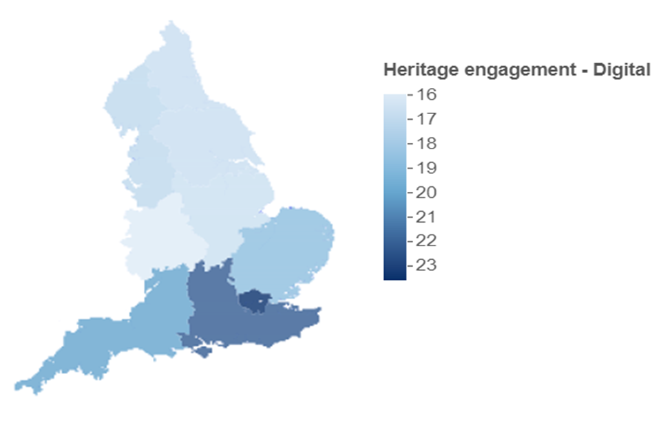 Map showing digital heritage engagement by region. The map is shaded from light to dark blue. The lightest blue region has the lowest engagement percentage by respondents and the darkest blue has the highest
