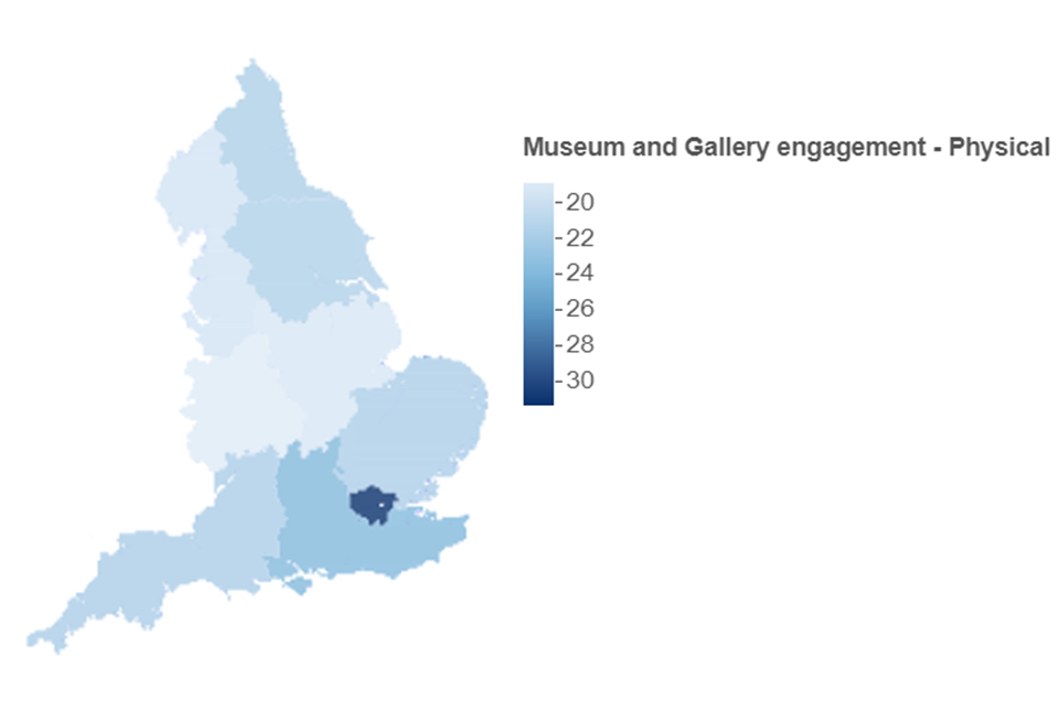 Map showing physical museums and galleries engagement by region. The map is shaded from light to dark blue. The lightest blue region has the lowest engagement percentage by respondents and the darkest blue has the highest.