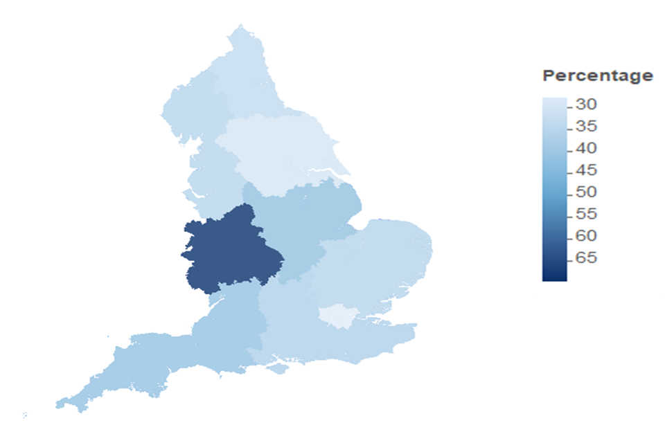 Map showing percentage of adults aware of Birmingham Commonwealth Games 2022, broken down by region. Shading is from light to dark blue. The lightest blue region has the lowest awareness percentage by respondents and the darkest blue has the highest. 