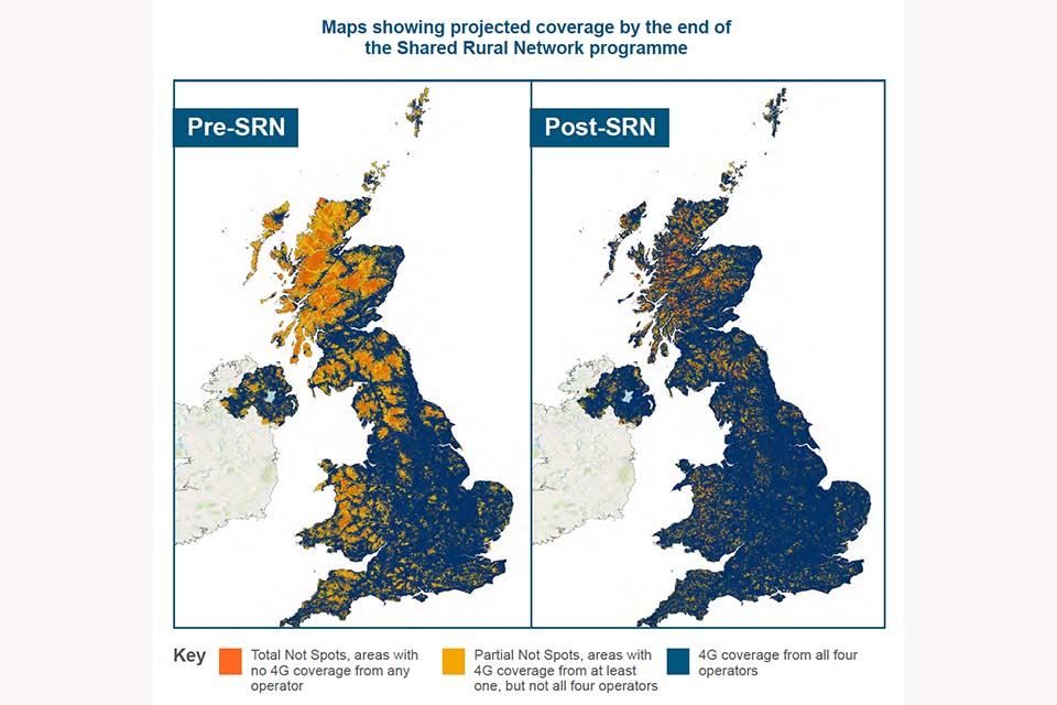 Maps showing projected coverage by the end of the Shared Rural Network programme