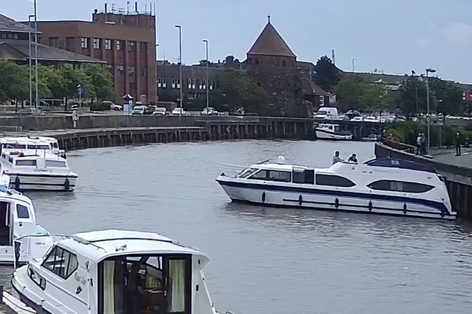 CCTV still of the motor cruiser Diamond Emblem 1 making contact with the river embankment wall