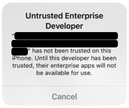 Figure 3: iOS dialogue asking the user to trust an unknown developer