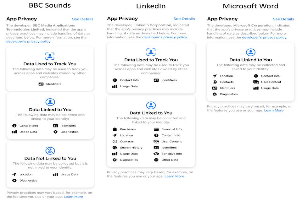 Figure 6 : Examples of privacy labelling in the Apple App Store