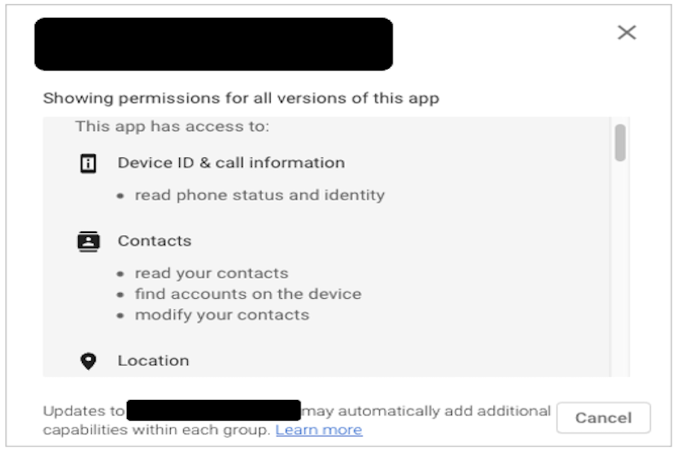 Figure 7 : App permission details as presented in the Google Play Store