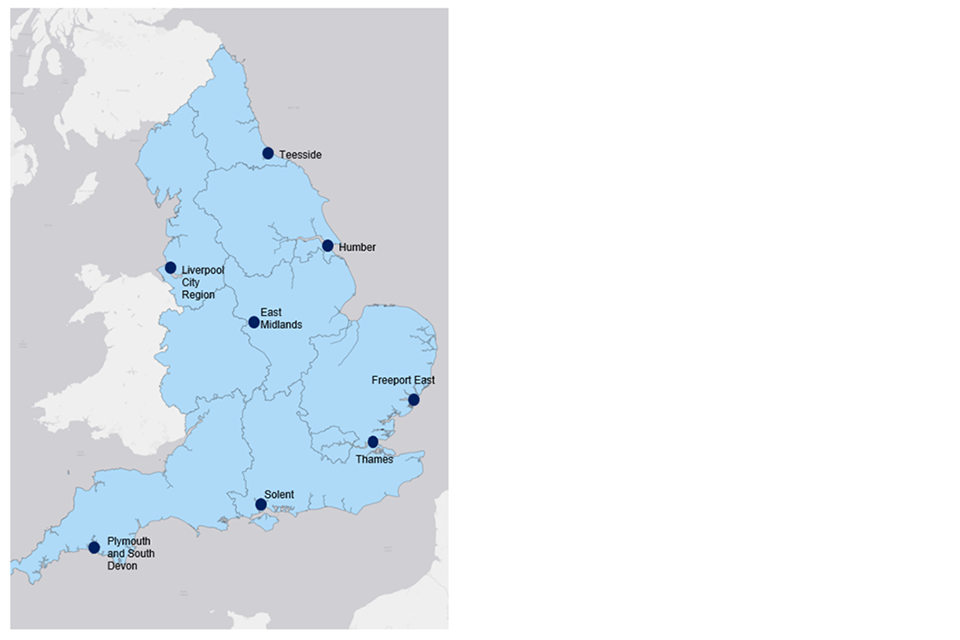 Map of England highlighting the locations of the 8 English Freeports, as detailed above