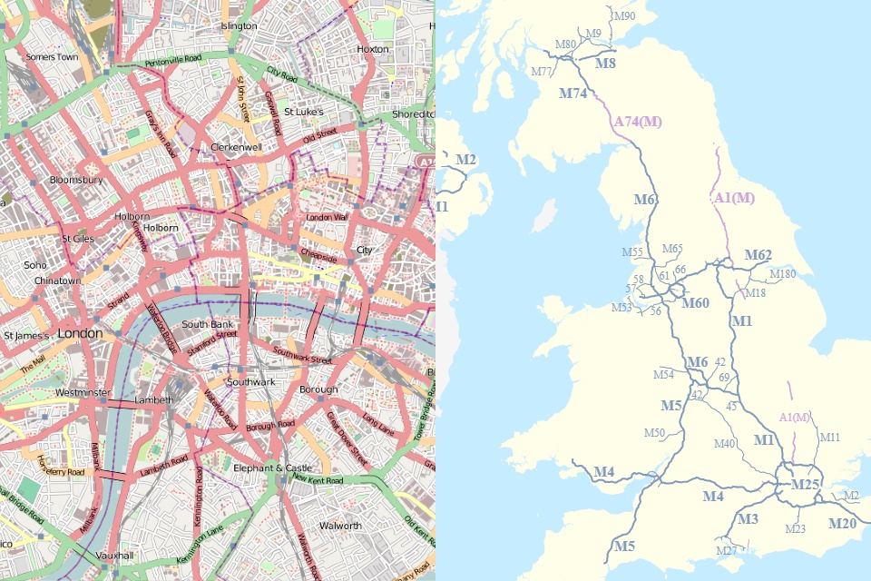 Figure 10 shows 2 maps at different scales; a London street map and a map of the UK's motorways.