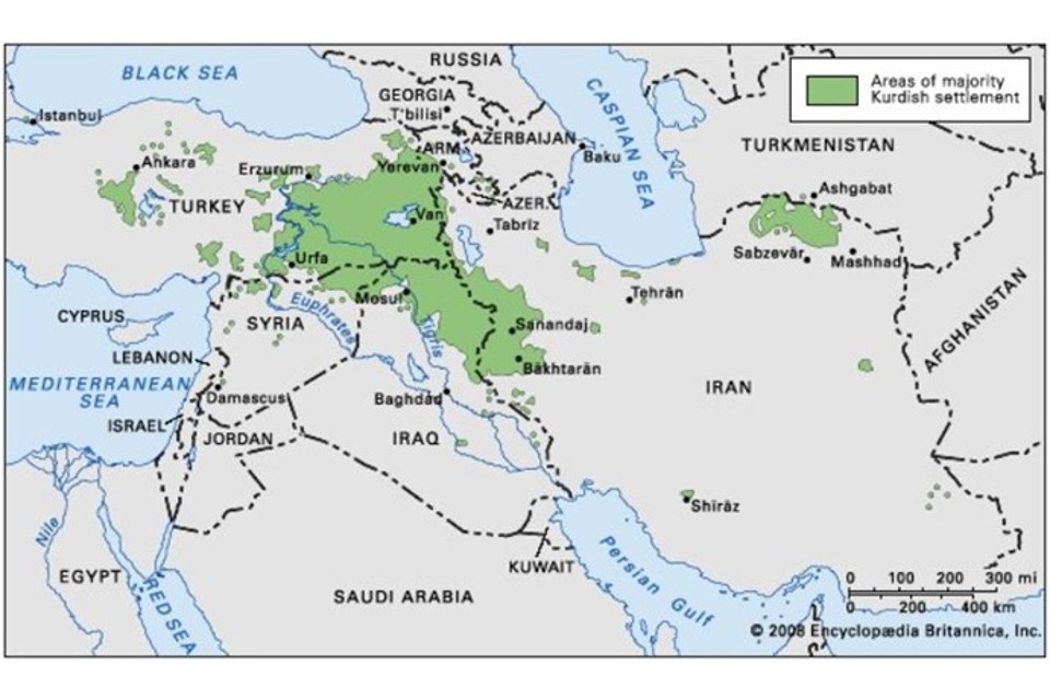 Map showing areas of majority Kurdish settlement