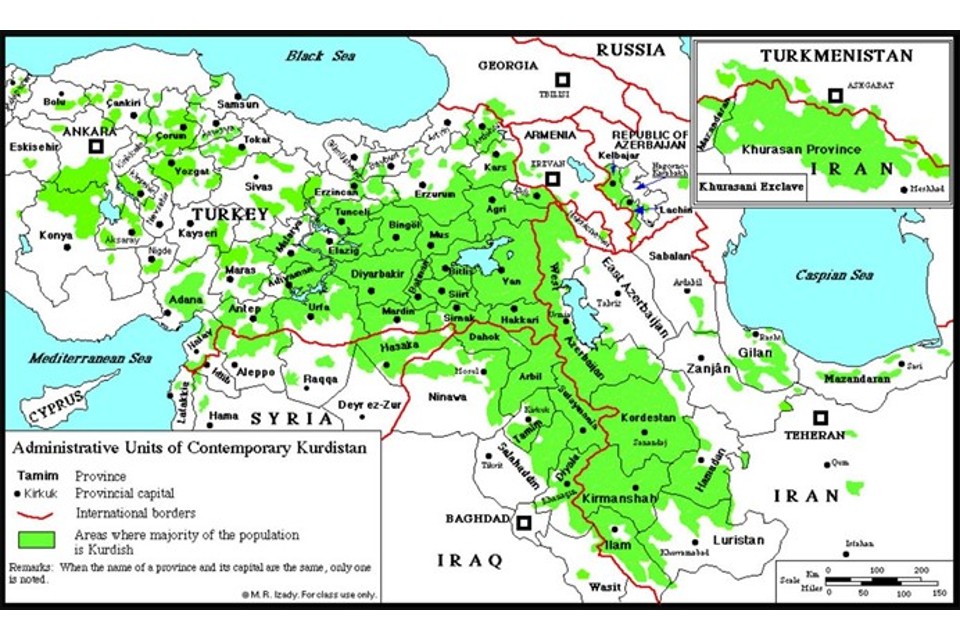 Map showing administrative units of contemporary Kurdistan