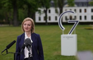 Foreign Secretary Liz Truss speaks to the media during the G7 Foreign Ministers meeting in Kiel, Germany.