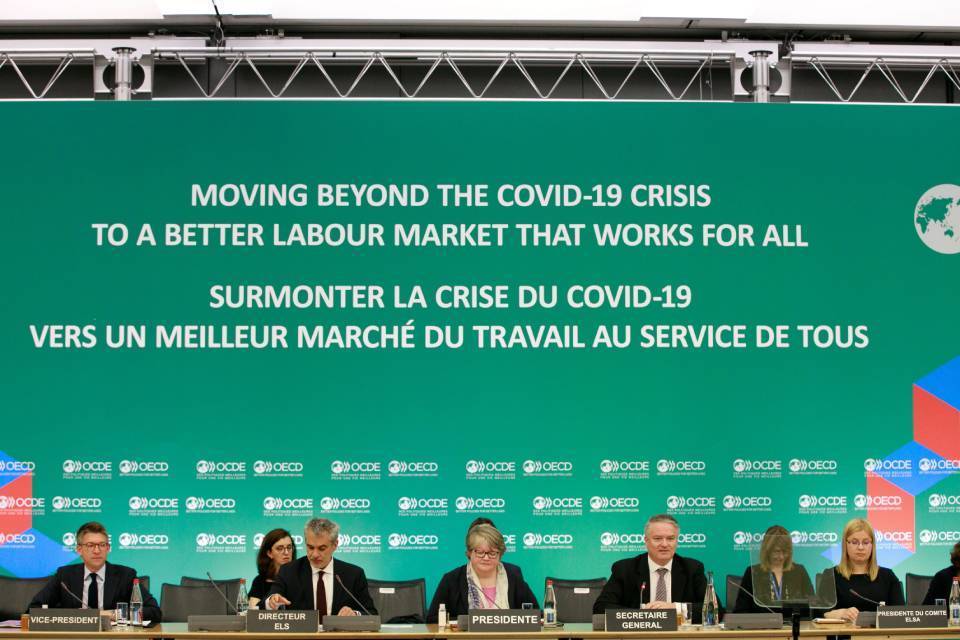 Secretary of State for Work and Pensions Thérèse Coffey at the OECD, in Paris.