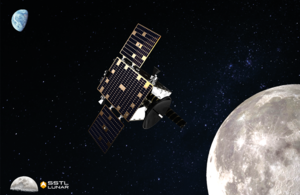 Artist's impression of Lunar Pathfinder, with Earth and Moon