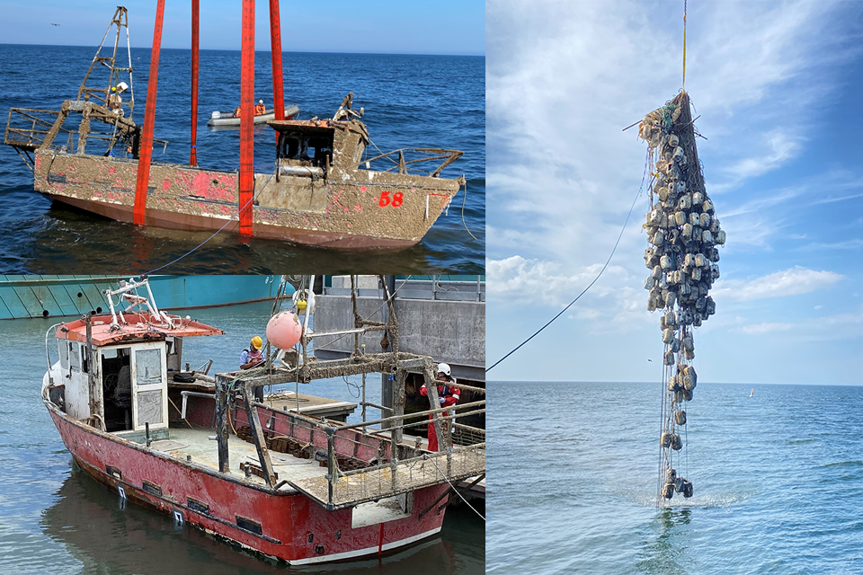 Montage of showing the recovery of fishing vessel Nicola Faith, recovery of its fishing gear and whelk pots, and the securing of the wreck alongside