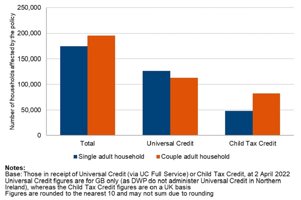 Households affected by the policy to provide for a maximum of two children, by number of adults, April 2022