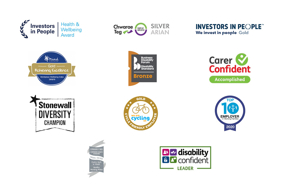 Our awards: Investors in People, Stonewall Diversity Champion, Carer Confident, Silver Corporate Health Standard, Chwarae Teg, Bronze Business Disability Forum, Disability Confident Leader, Gold Cycling Friendly Employer, Top 10 Employer 2020