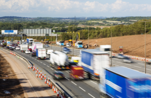 Lorries driving on the busy M1 motorway