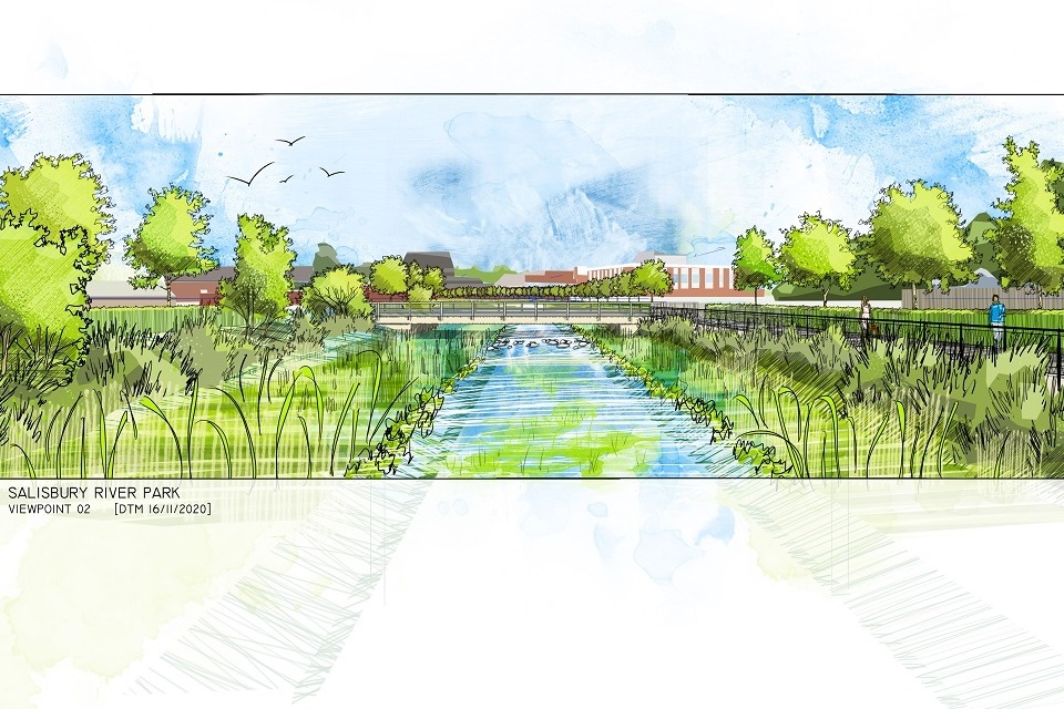 An artist's drawing of a river with a pedestrian path running alongside