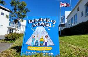 Cover of the book in front of the UK embassy in Iceland