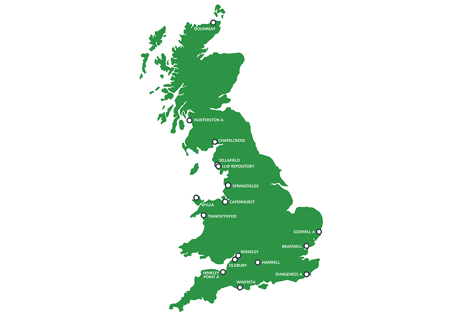 map of the UK in green colour showing all 17 locations of our sites