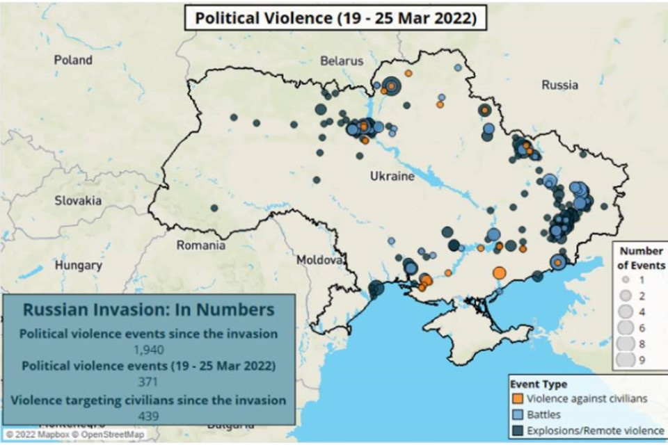Map showing incidents of violence that took place between 19 and 25 March 2022