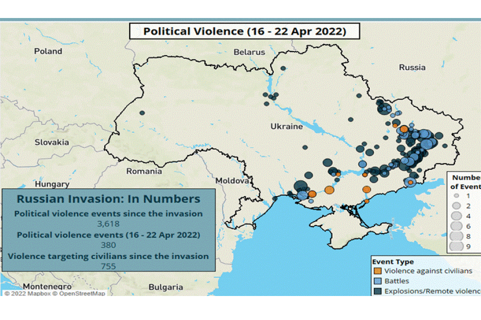 Map showing incidents of violence that took place between 16 and 22 April 2022