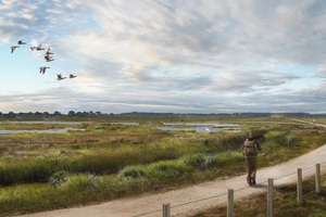 Artist's impression of a man walking along a footpath with a lush, green habitat to the side with birds flying overhead