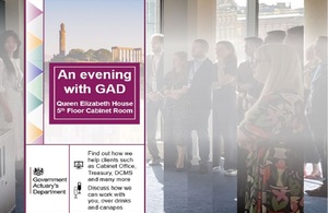Blurred image of a group of people listening to a presentation, overlaid with a poster advertising the event.