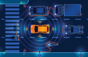 Graphic showing self-driving car and other vehicles from above approaching zebra crossing.