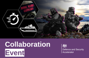 On the right hand side, Royal Marines crouching on a shoreline. On the left hand side, three hexagons with icons showing a Royal Marines Commando badge, a speeding stop watch and a small military craft