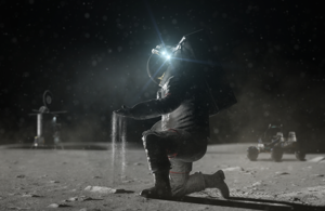 Astronaut kneels on lunar surface with dust in hand.