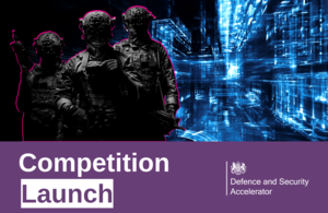 Image of a silhouette of the british soldiers against the background of a blue futuristic graphic