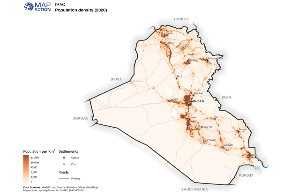 Map of Iraq showing the population density (per square kilometre) in 2020
