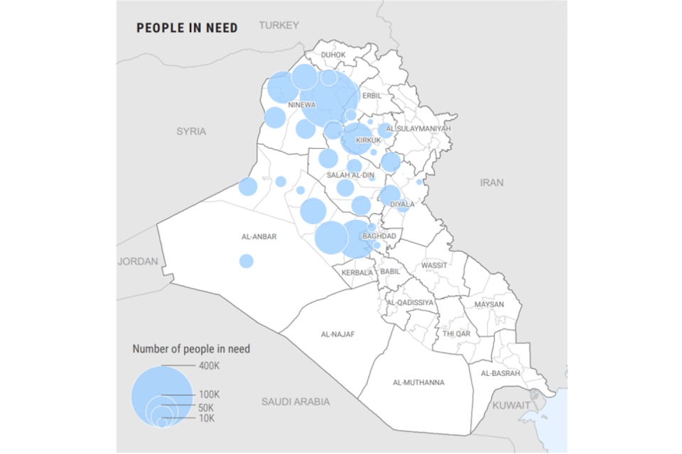 Map showing the number and location of the people in need across Iraq and the breakdown of people in need by sex, age and disability