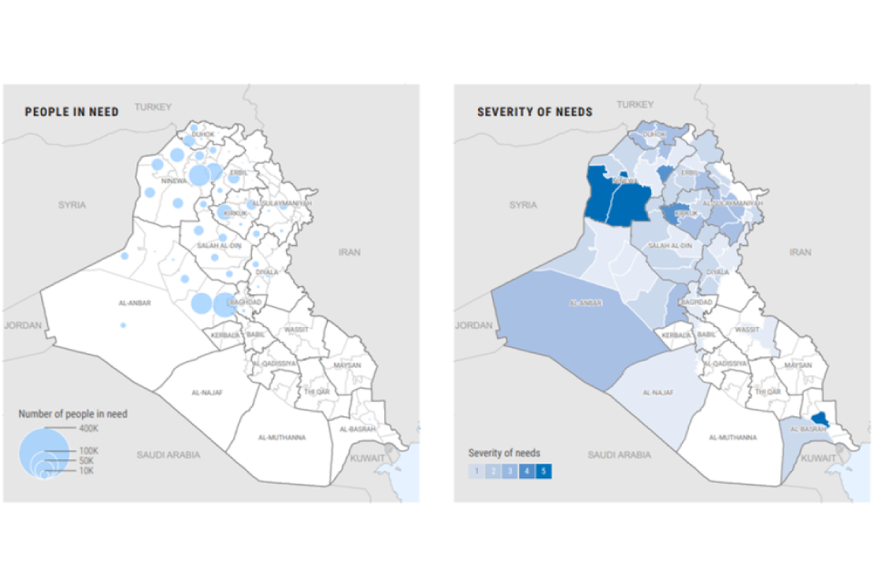 Maps showing the numbers of people in need of educational support and the severity of that need in each governorate