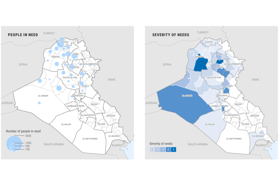 Maps showing the numbers of people in need of food assistance and the severity of that need in each governorate
