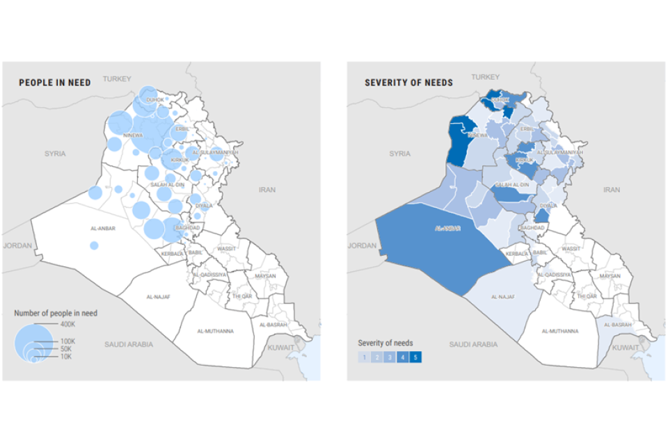 Maps showing the numbers of people in need of health assistance and the severity of that need in each governorate