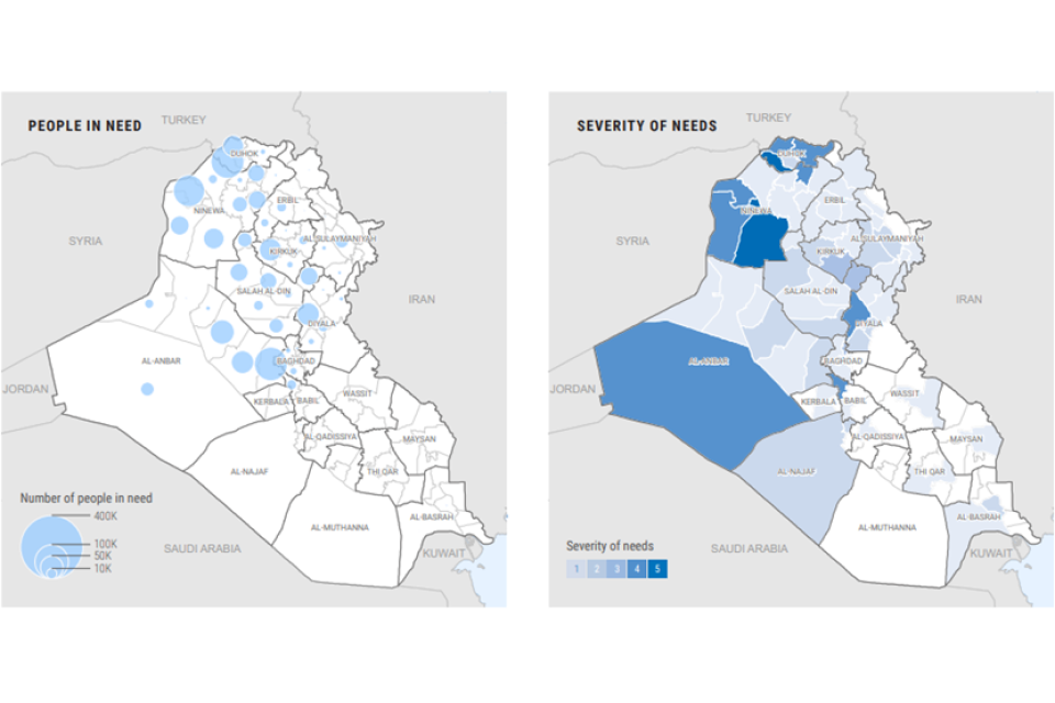 Maps showing the numbers of people in need of shelter and non-food item assistance and the severity of that need in each governorate