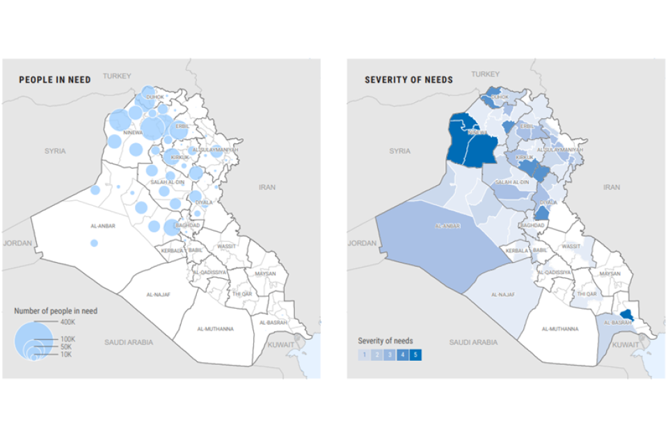 Maps showing the numbers of people in need of WASH assistance and the severity of that need in each governorate