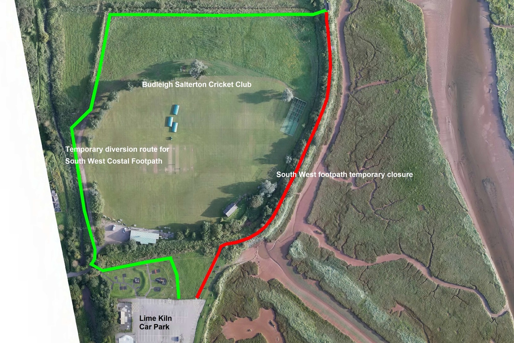 Map showing the route walkers should take when the south west coast path is diverted in the Lower Otter