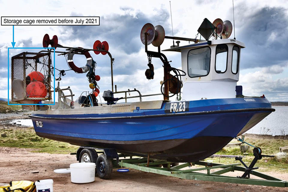 The 6.85m creel fishing vessel Goodway sitting ashore on a trailer at an earlier date. It is indicated that a storage cage (visible at the stern of the vessel) was removed prior to the accident.
