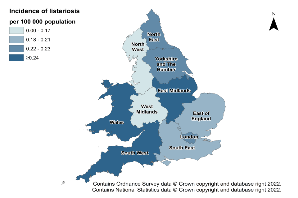 Figure 4. Incidence rates of reported listeriosis cases in England and Wales, by region, 2020