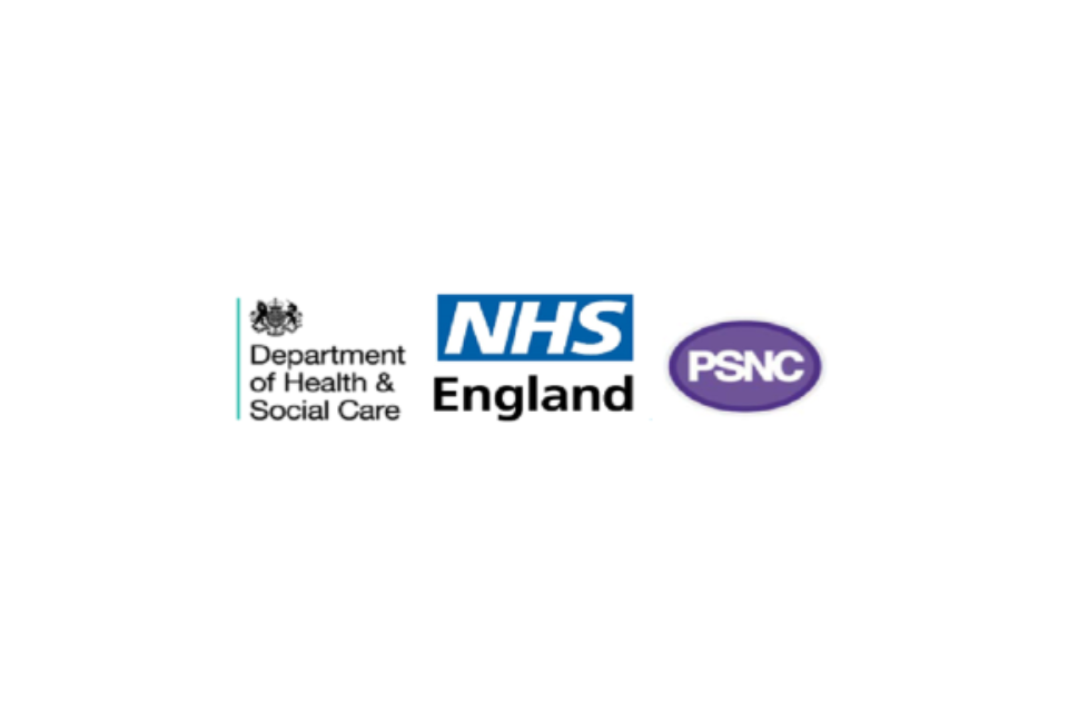 Logos for DHSC, NHS England and the PSNC