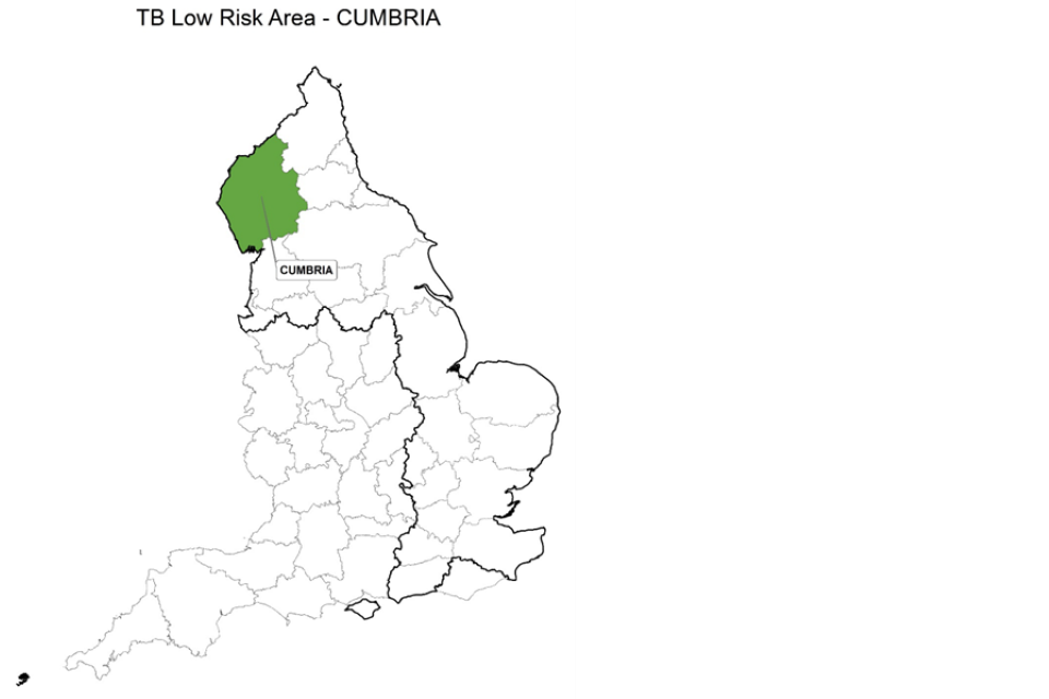 County map of England showing the Low Risk Area and highlighting the county of Cumbria.