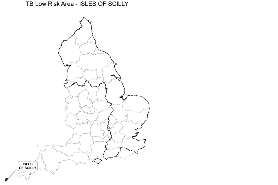 County map of England showing the Low Risk Area and highlighting the Isles of Scilly.